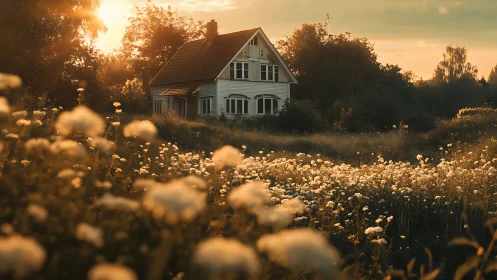 Sun-drunk wildflower meadow embracing a quiet country home.