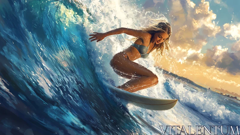 Dynamic digital painting of surfer cutting through sunset wave