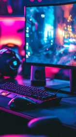 Cozy neon gaming desk glowing with immersive color and life.