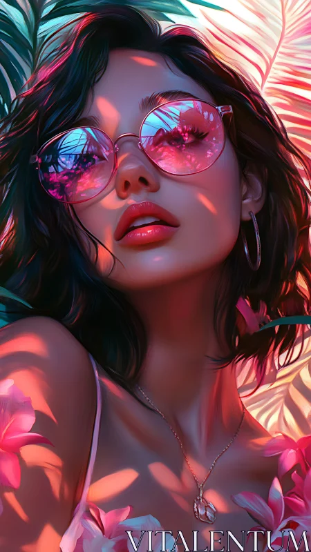 Neon-lit tropical portrait with reflective pink sunglasses.