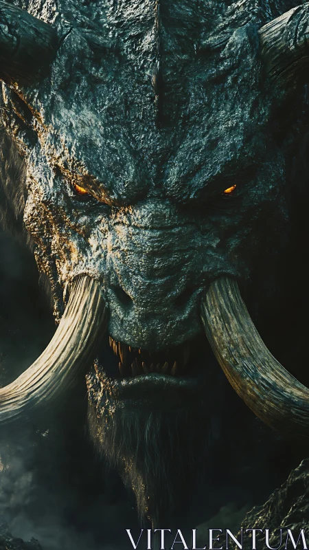 Stone-skinned demonic beast close-up with burning eyes.
