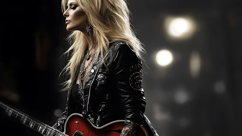 Steel-string siren in leather storms a spotlighted stage.