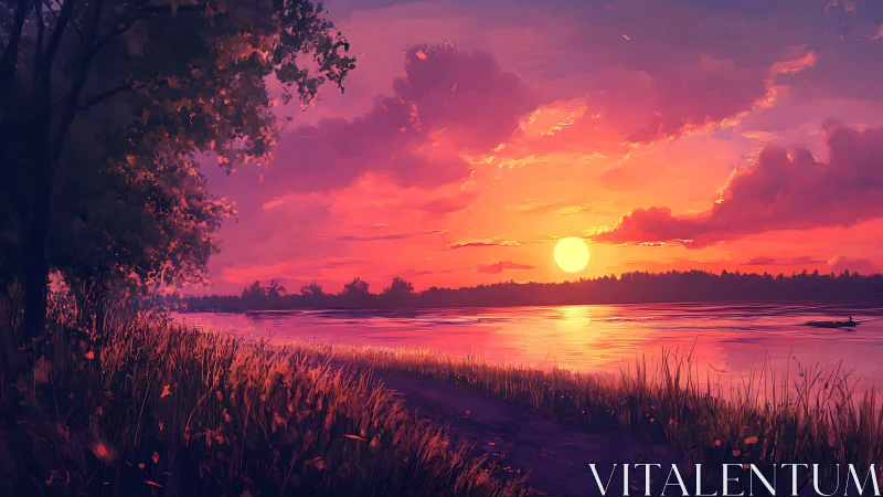 Sunset river hush with ember clouds and drifting silence.