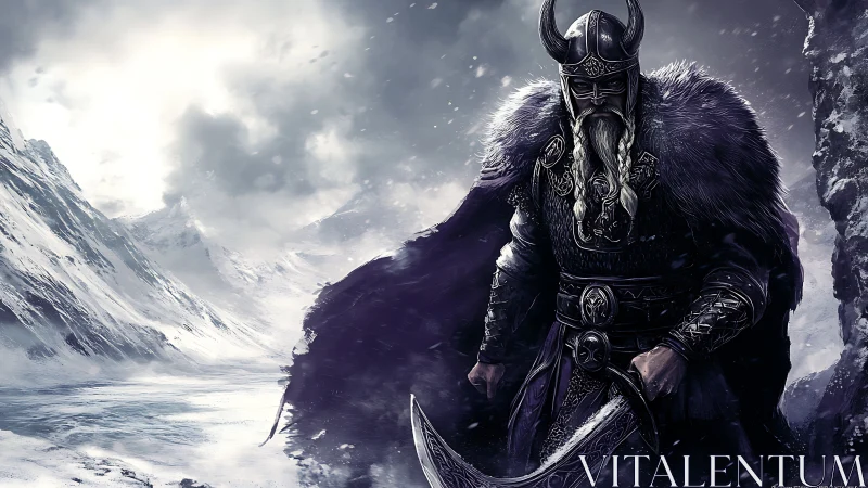 Viking warlord strides through blizzard swept mountain pass.
