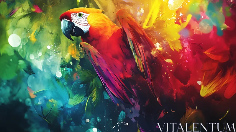 Scarlet macaw profile amid dense abstract color field.