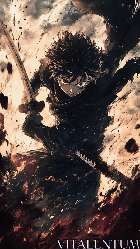 Stormlit swordsman tears through a shattering dusk sky