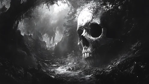 Monochrome necrotic canyon with colossal eroded cranial monolith.