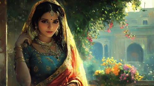 Regal Indian bride glows beside sunlit courtyard garden