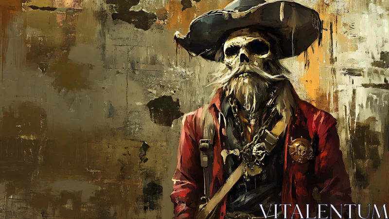 Undead pirate captain in crimson coat, textured painterly backdrop.
