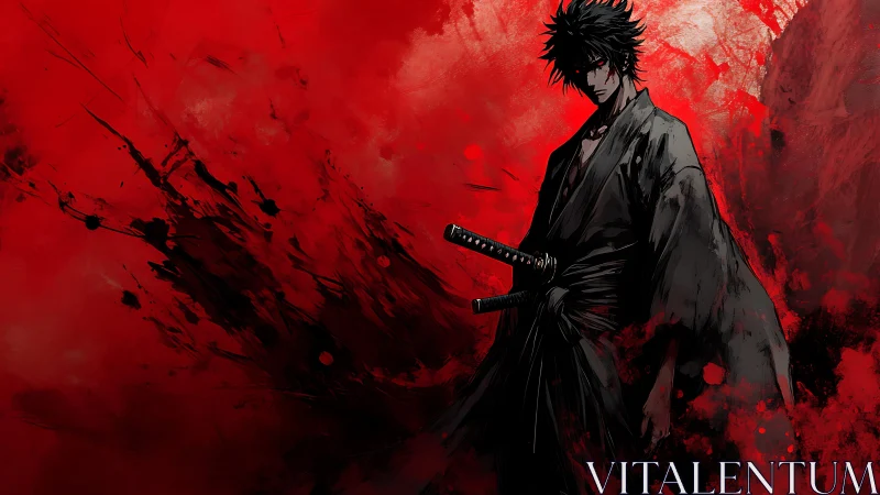Dark-haired swordsman stands before red abstract background