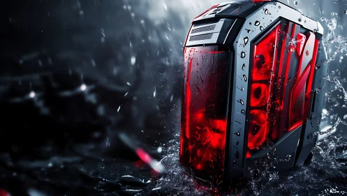 Water-cooled gaming PC tower in dynamic splash environment