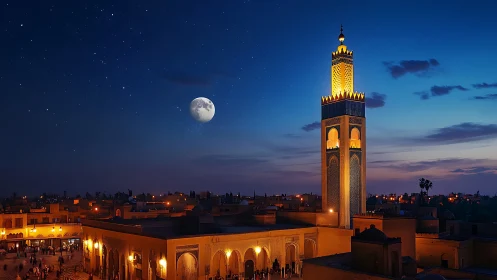 Moonlit minaret watching over a warmly glowing desert town.