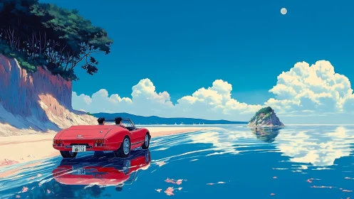 Red convertible on reflective tidal flats under hyper-clear sky