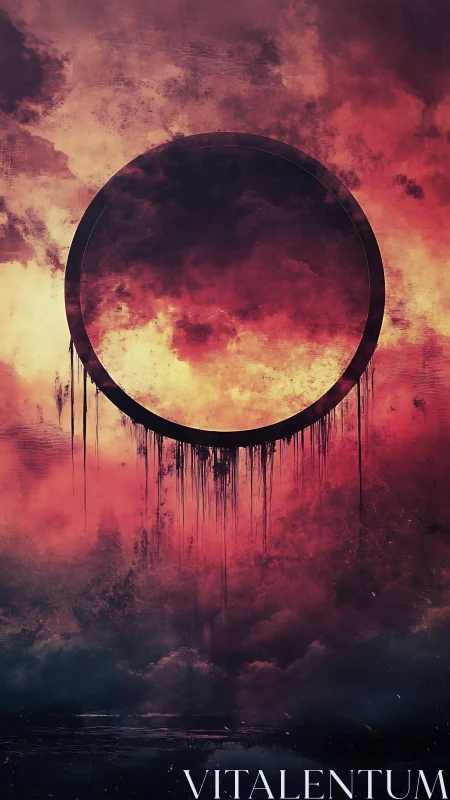 Dark eclipse ring hangs over blazing crimson storm clouds