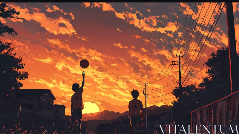 Sunset street basketball scene with silhouetted youths and powerlines