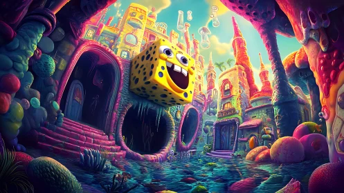 Joyful sponge cube drifting through a neon coral city.
