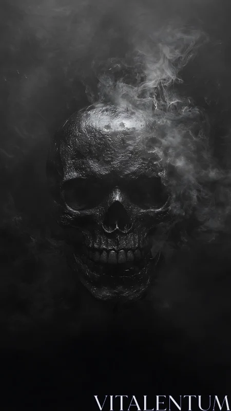 Smoldering dark skull emerging through drifting smoke.