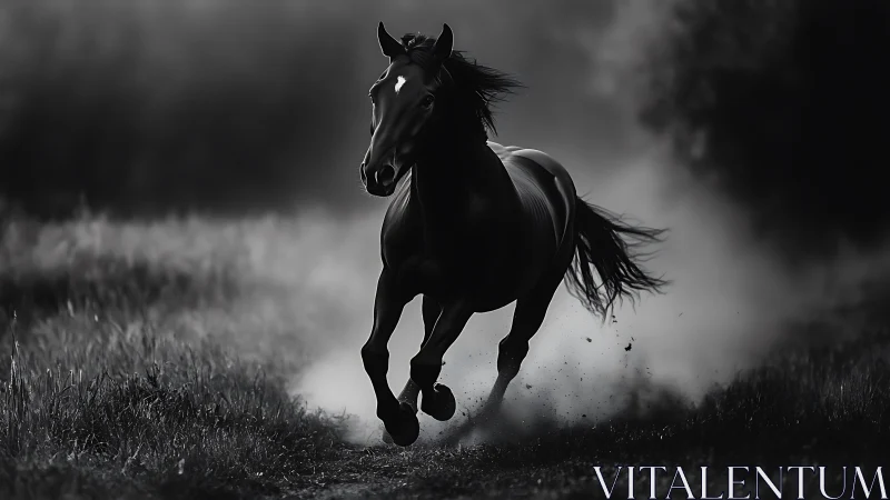 Black horse running through misty field at twilight.