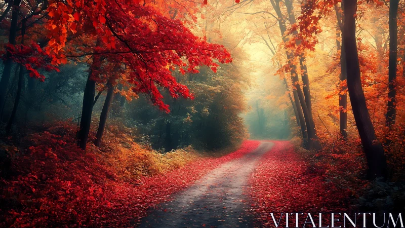 Tree-lined dirt path with crimson autumn foliage and atmospheric light