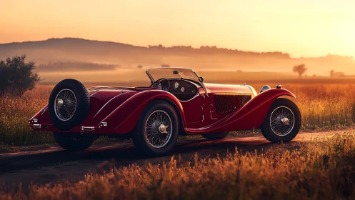 Vintage red roadster in golden hour rural landscape.