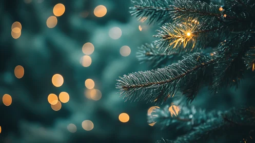 Christmas tree branch glows with warm golden bokeh lights.