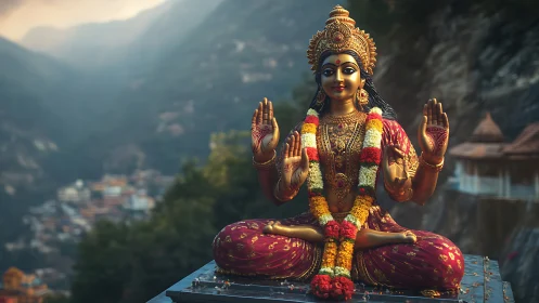 Golden four-armed Hindu deity statue sits before misty mountains