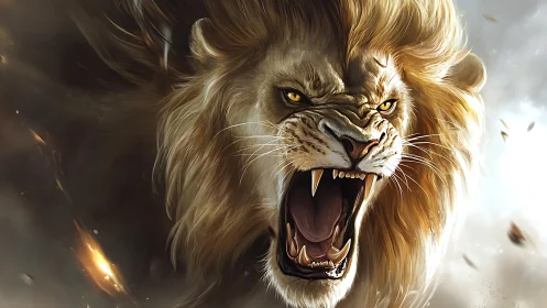 Roaring lion head in close frontal digital rendering.