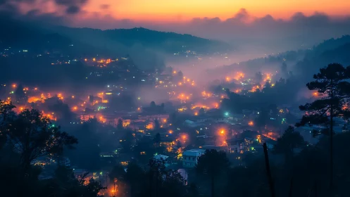 Evening mist disperses over a small illuminated hillside town