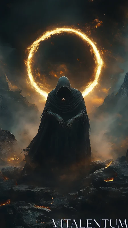 Hooded wraith beneath infernal halo in vertical concept art.
