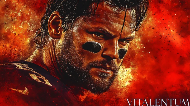 Fierce football warrior glares through blazing red storm.