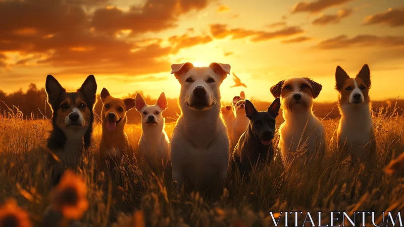 Dogs in golden sunset field form glowing loyal circle.