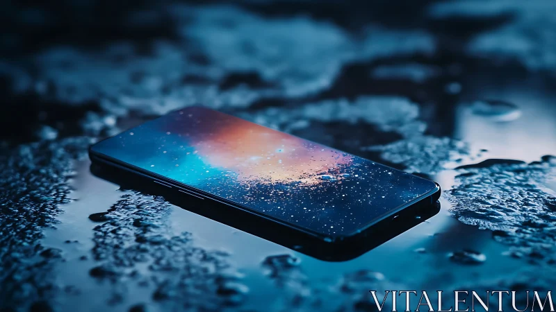 Smartphone lies on wet surface with glowing galaxy screen.