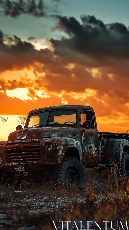 Rust-tattooed pickup basking beneath a wildfire sunset sky.