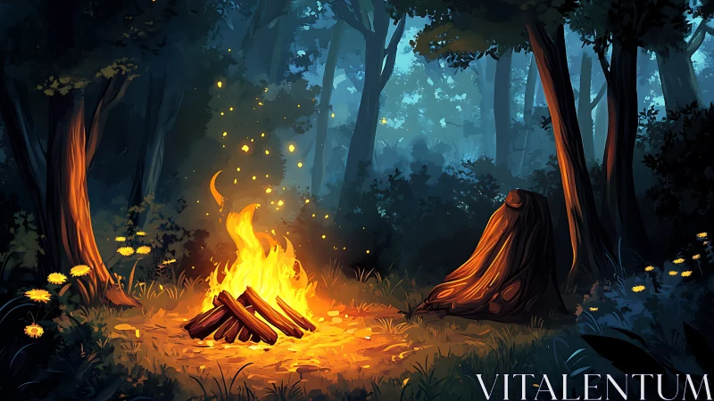Luminescent Campfire Amid Arboreal Nocturne Forest Setting.