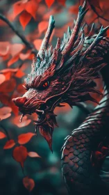Scarlet leaves encircling a teal-scaled mythic dragon head.