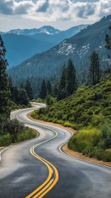 Ribboned mountain highway wriggles toward misty blue ranges