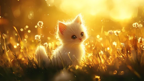 Backlit volumetric kitten in golden hour meadow illumination.