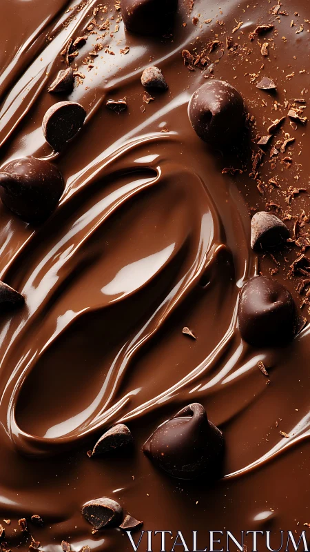 Macro chocolate waves with molten swirls and ganache droplets.