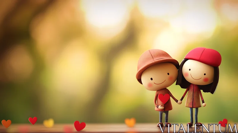 Two cartoon figures hold hands with red hearts scattered around them.