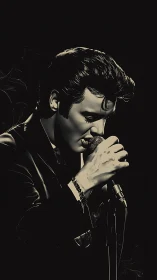 Monochrome rock singer in spotlight holding vintage microphone.