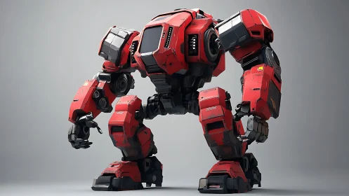 Red bipedal heavy mech stands in a neutral studio setting