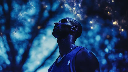 Sweat-soaked dreamer lifts his gaze into electric starlight