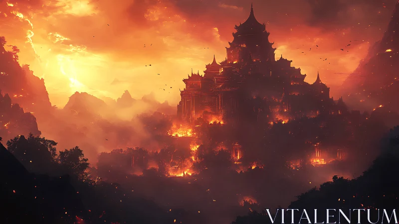 Asian temple complex engulfed in massive firestorm at sunset
