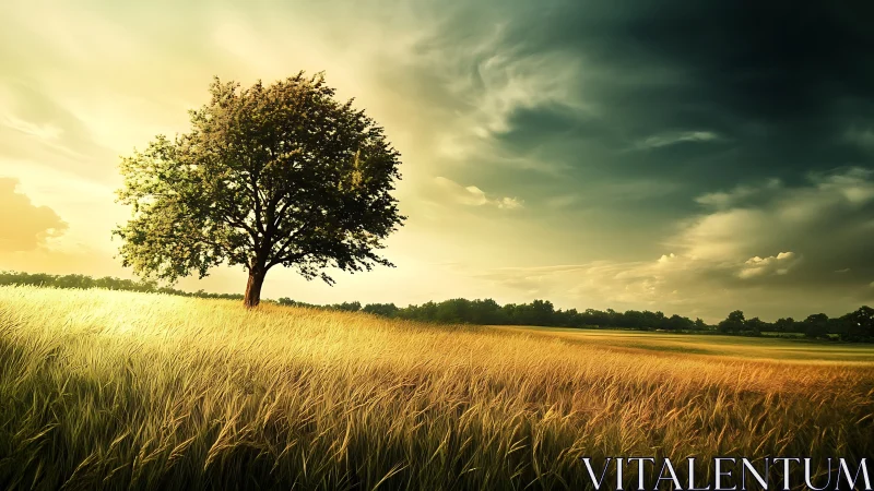 Solitary tree leans into stormlit gold across wild meadow