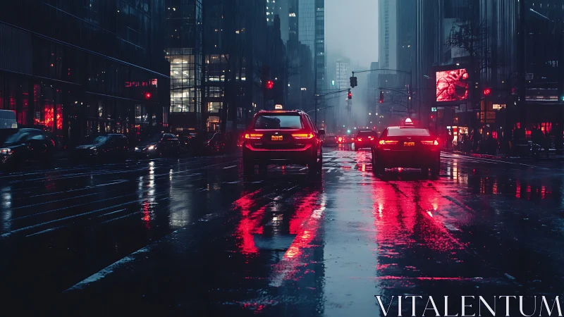 Rain-soaked city avenue with cinematic red tail light reflections.