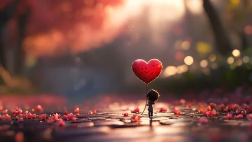 Child Holding Heart Balloon in Urban Setting.