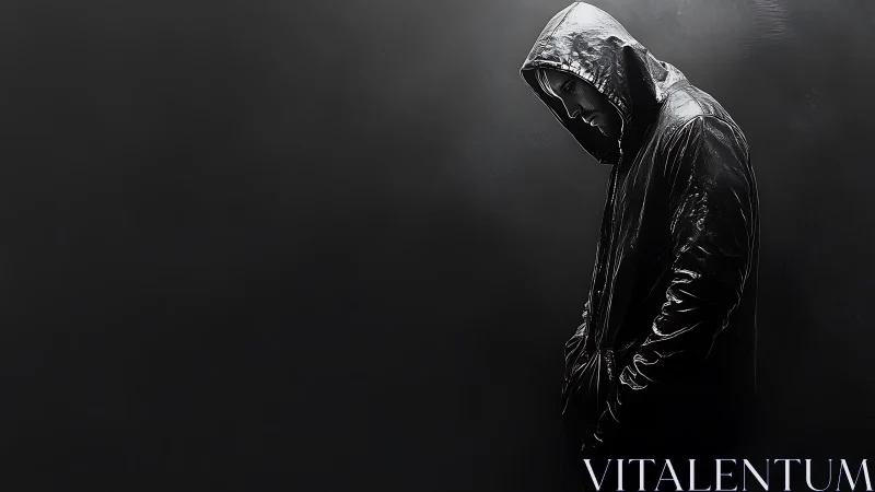 Hooded figure stands in moody shadows, evoking urban solitude