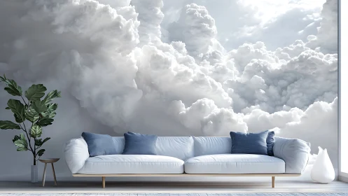 Modern white sofa in front of large cloud mural wall.