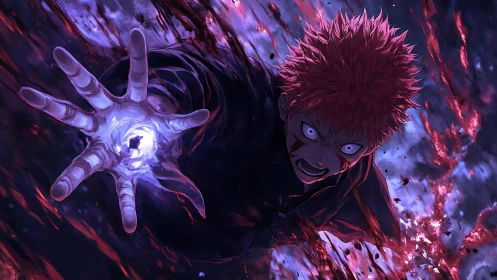 Anime figure extending hand with luminous energy field.