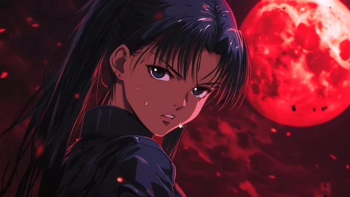 Anime warrior under blood moon with intense red sky.